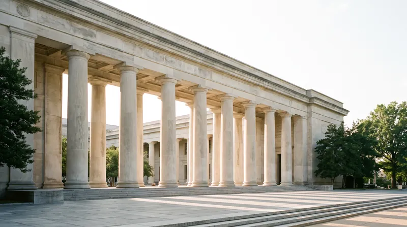 Stone columns along the front of a public building