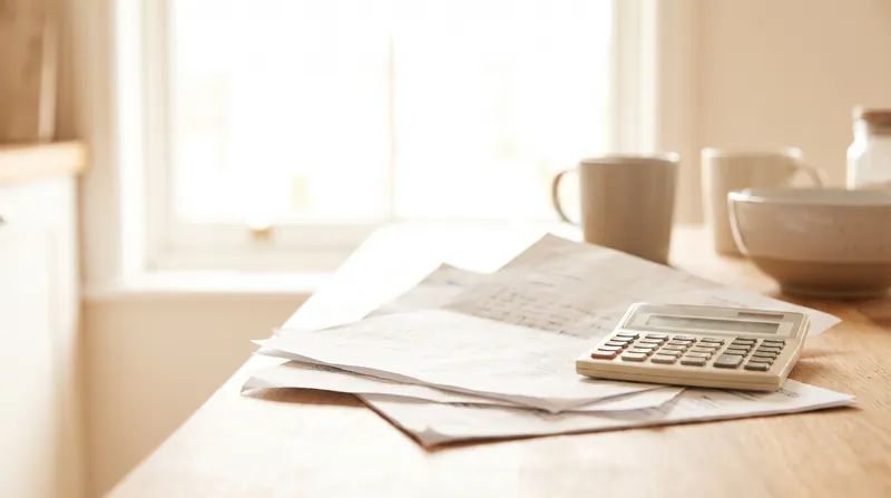 Household bills and a calculator laid out on a kitchen bench