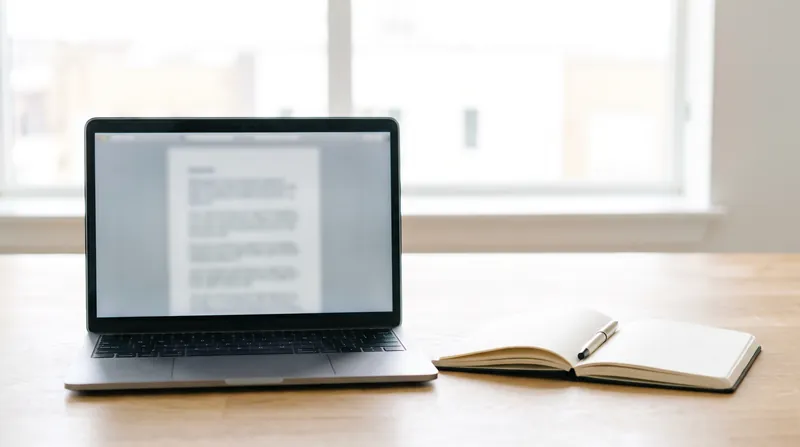 A laptop showing a job listing next to a notebook and pen