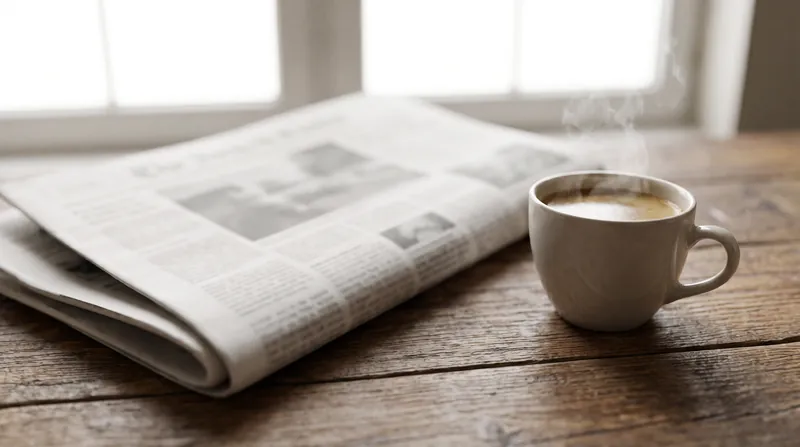 A folded newspaper beside a cup of coffee on a wooden table