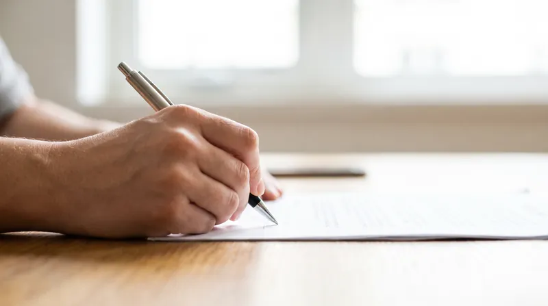 A hand signing a printed document at a desk